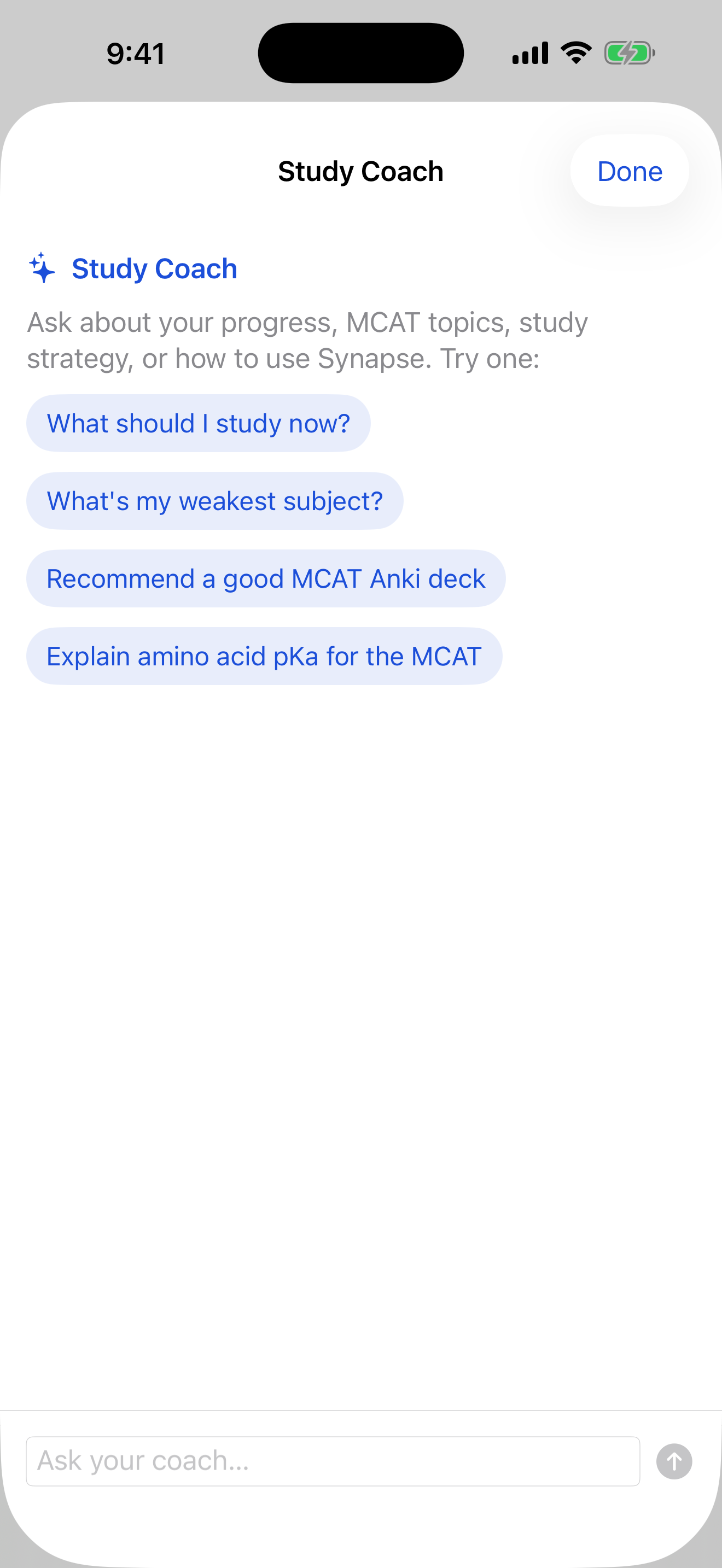 The Study Coach chat with example prompts