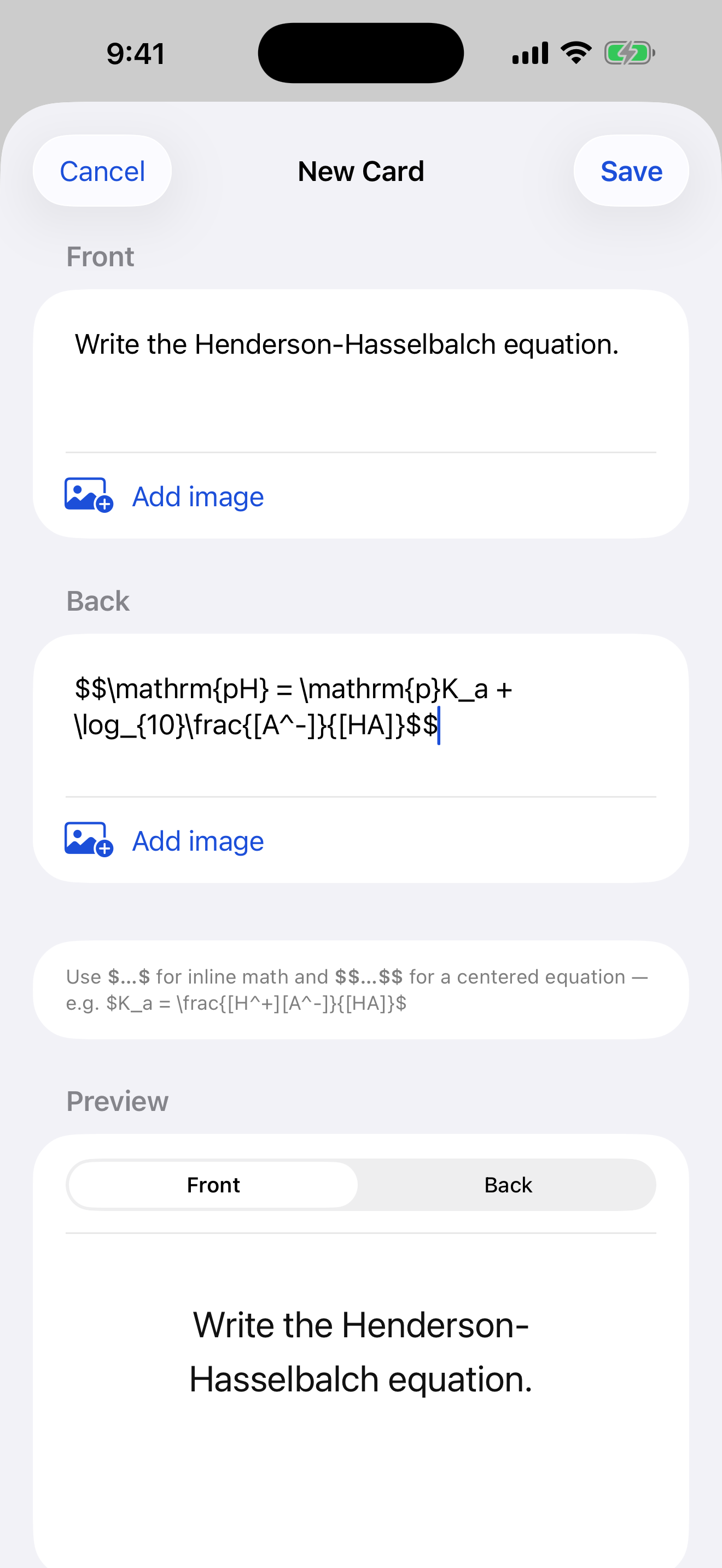 Card editor with a question in Front and a LaTeX equation in the Back field