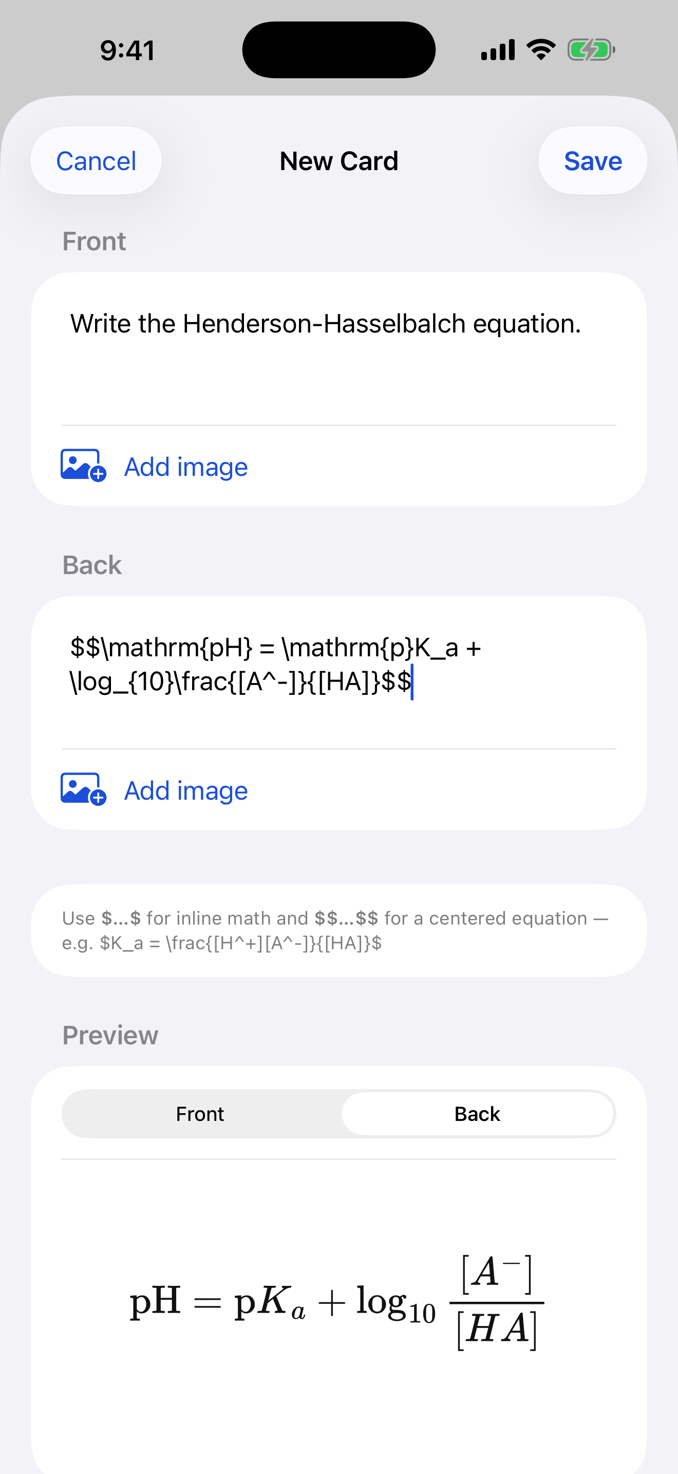 The editor's live Preview rendering the typeset Henderson–Hasselbalch equation
