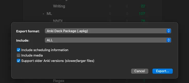 Anki desktop Export dialog set to Anki Deck Package with Support older Anki versions checked