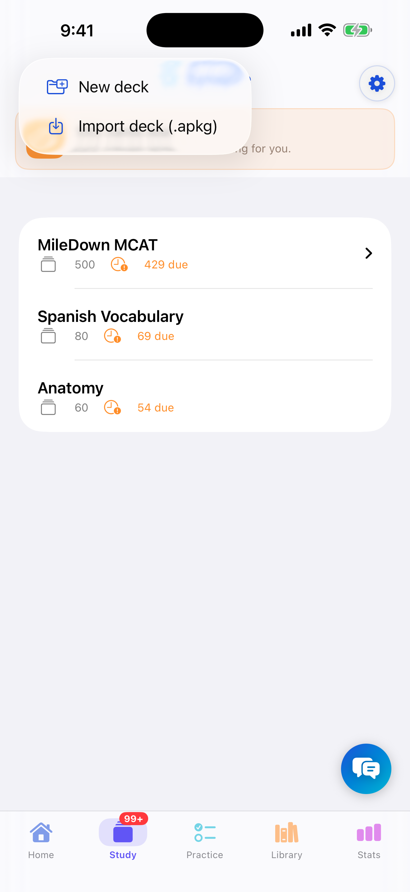 Study tab Add menu open with New deck and Import deck options