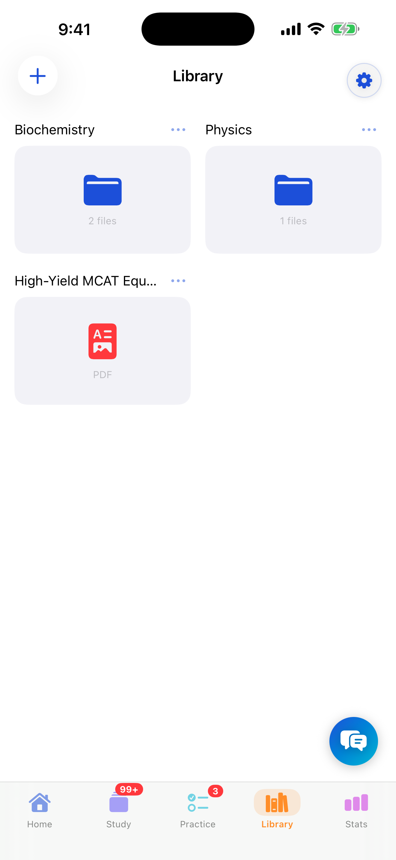 The Library tab showing a grid of folders and a PDF file