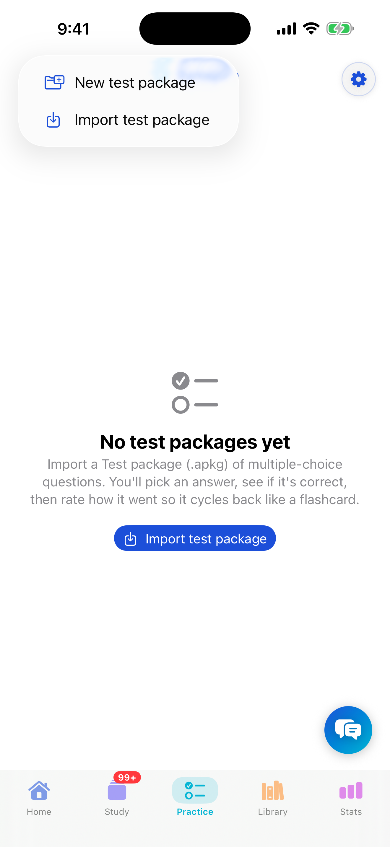 Practice tab Add menu open with New test package and Import