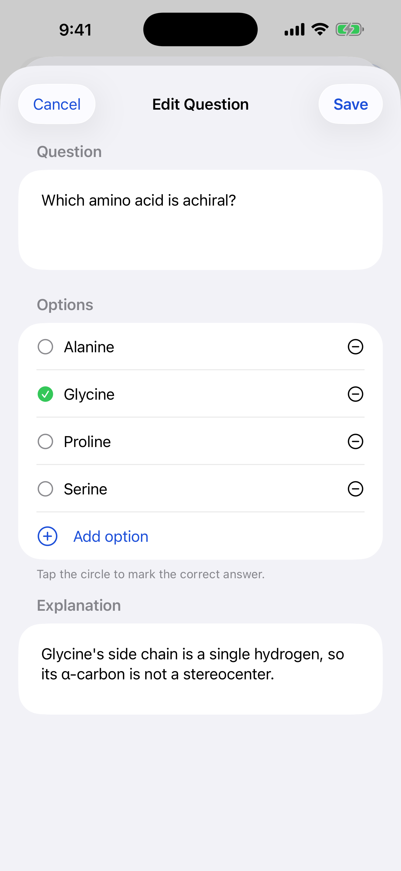 The question editor with a prompt, four options, and the correct one marked