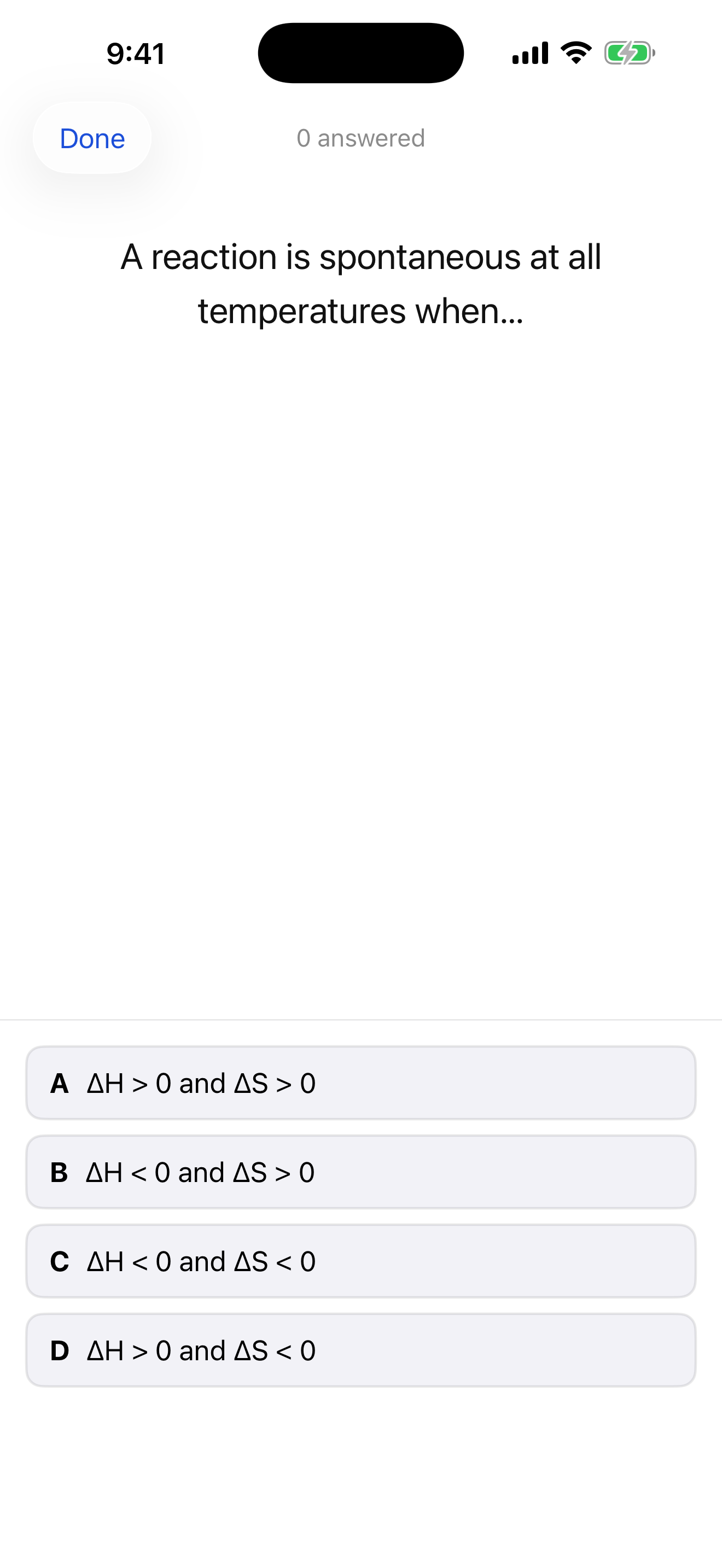 A practice session question with selectable multiple-choice answers