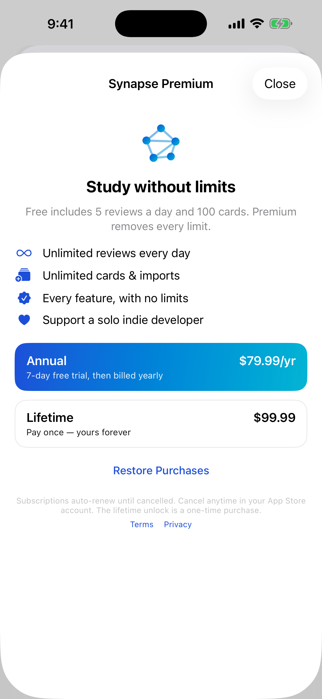 The Synapse Premium screen with Annual and Lifetime purchase options